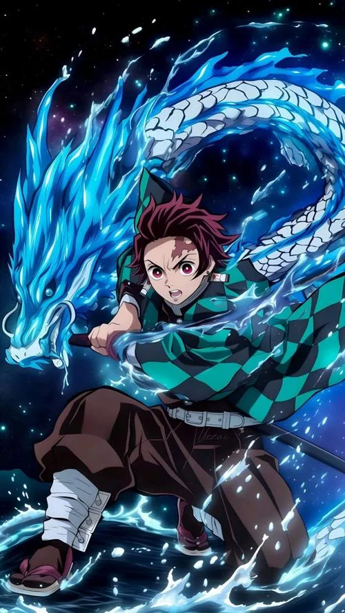Xem Tanjiro ngồi giữa sóng nước xanh, ánh sáng lạnh, hợp đặt nền khóa điện thoại