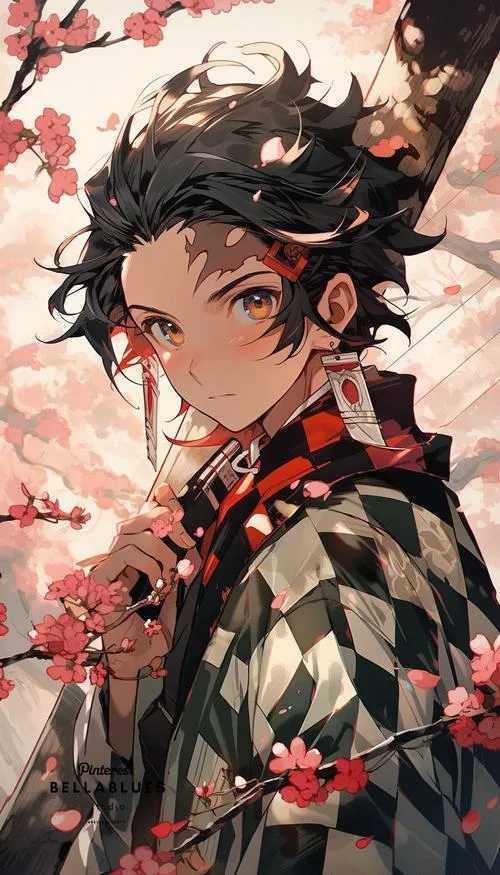 Hình nền Tanjiro giữa cánh hoa rơi, ánh nhìn ấm, hợp ai thích vibe chữa lành