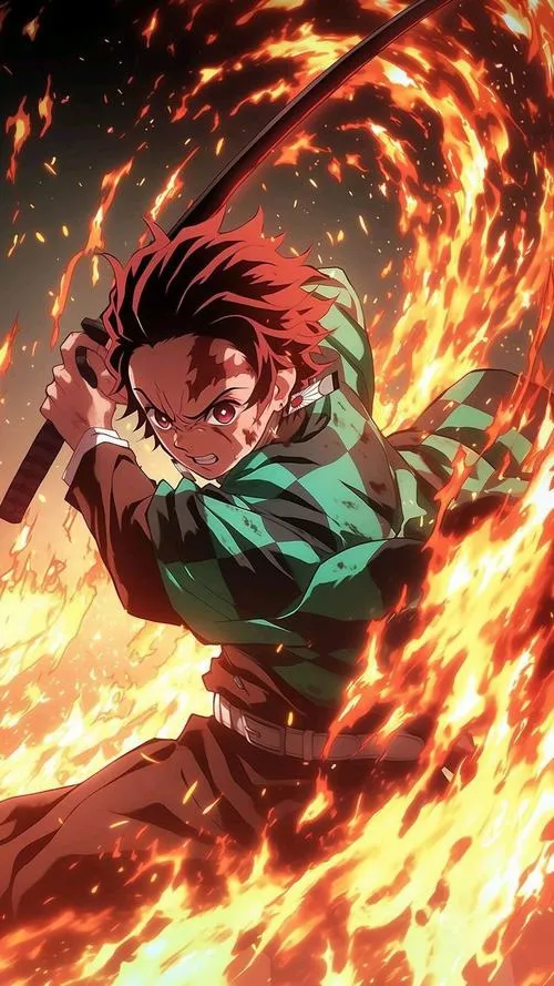 Xem Tanjiro chém lửa bùng dọc khung hình, nền đen đỏ, cảm giác tốc độ mạnh