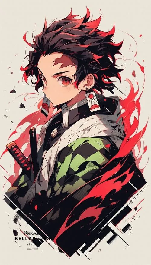 Ảnh Tanjiro cận nửa người, lửa đỏ ôm viền, haori caro nổi, hợp avatar cực rõ