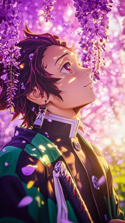 Hình nền Tanjiro nghiêng mặt dưới hoa tử đằng, ánh tím mơ, cảm giác yên và đẹp