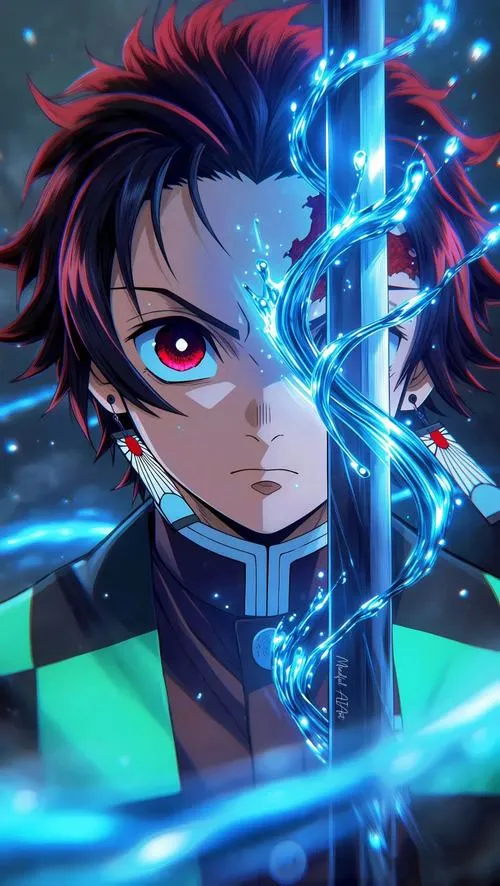 Hình nền Tanjiro split face hiệu ứng xanh lạnh, ánh sáng neon, hợp màn hình hiện đại