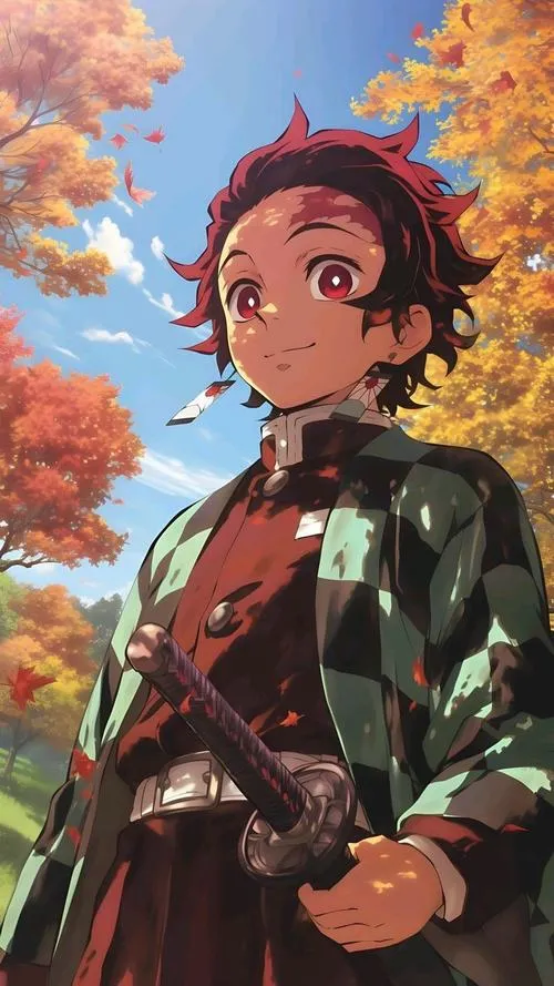 Ảnh Tanjiro đứng giữa trời thu vàng cam, gió nhẹ, cảm giác trưởng thành và bình thản