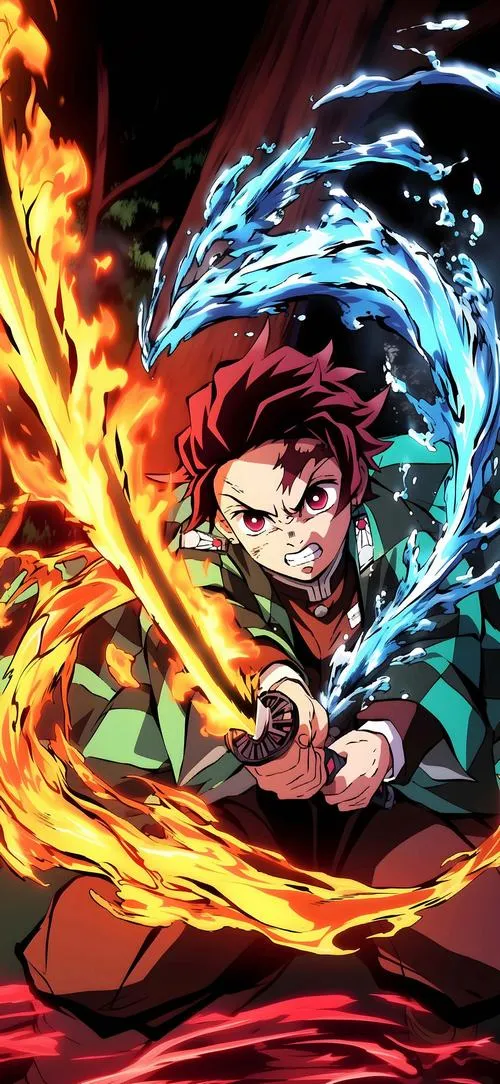 Hình nền Tanjiro kết hợp nước và lửa, hiệu ứng đối lập xanh đỏ, trung tâm nhân vật rõ