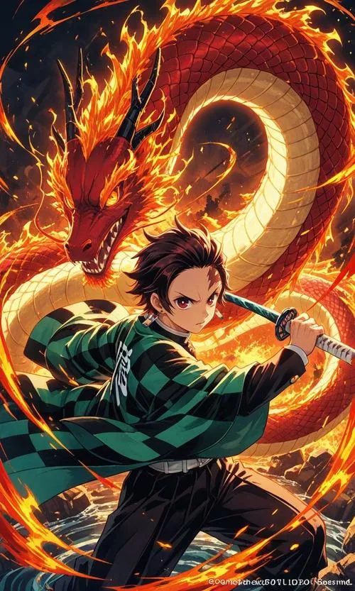 Xem Tanjiro xoay vòng lửa hình tròn, nền tối nhấn haori caro, hợp ai thích hình nền ngầu