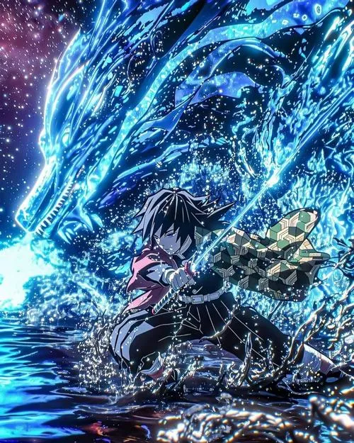 Bức ảnh Giyuu quỳ thấp dưới rồng nước, bọt sóng tung mạnh, Nichirin lóe viền sáng lạnh