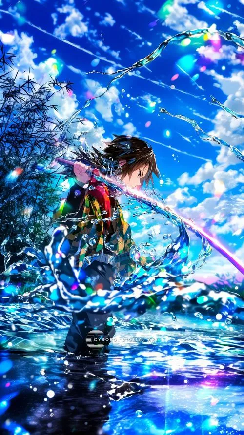 Tấm hình Giyuu đứng trên nền đường ướt, ánh đèn xanh phản quang, không khí mưa rất trầm