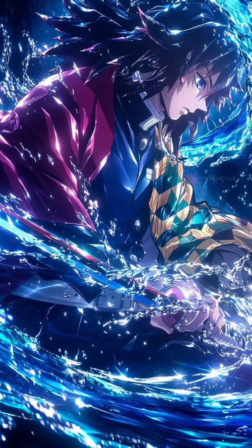 Hình Giyuu chìm trong lớp sóng cuộn, gam lạnh phủ kín, cảm giác tĩnh lặng nhưng mạnh mẽ