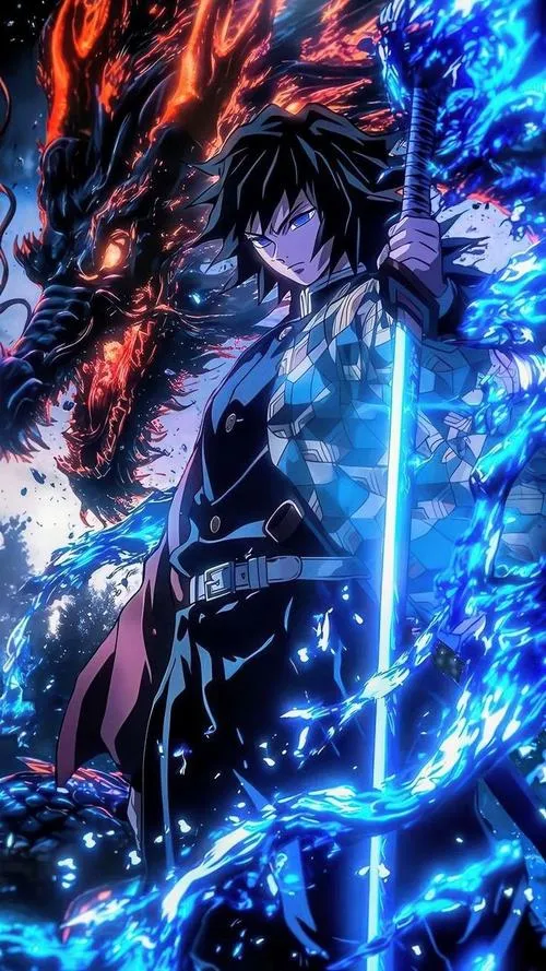 Khung hình Giyuu cầm Nichirin phát sáng xanh, nền tối rực nước bắn, khí chất lạnh lùng rõ