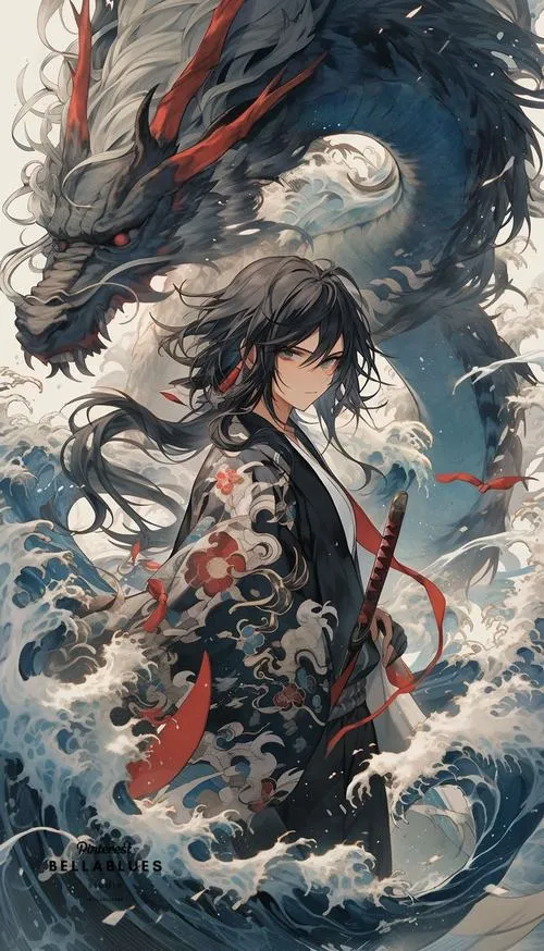 Ảnh Giyuu phong cách mực loang, điểm đỏ nổi trên nền xám, haori tạo cảm giác trầm nặng