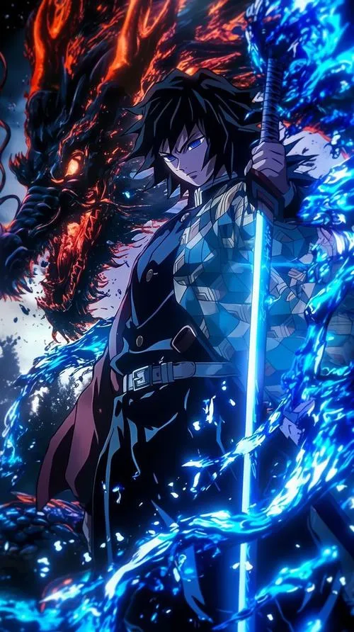 Khung hình Giyuu nắm kiếm xanh rực, tia nước bắn mạnh, nền tối làm thần thái áp đảo