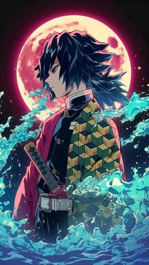Tấm hình Giyuu đứng dưới trăng đỏ, haori hai màu nổi bật, nét mặt lạnh nhưng cuốn hút