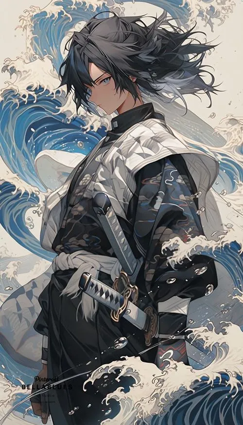 Ảnh Giyuu tông xám lạnh, gió thổi tóc bay, dáng đứng chắc, cảm giác cô độc mà vững