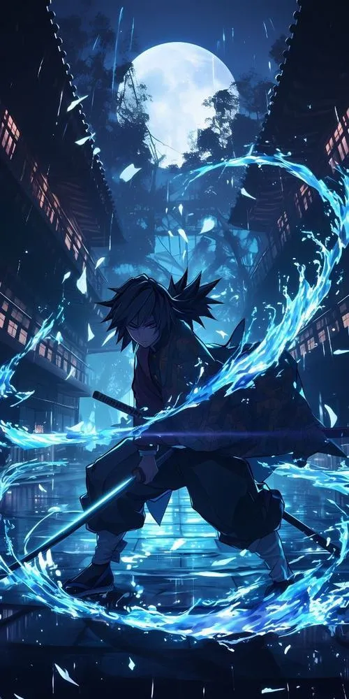 Khung hình đêm trăng, bóng người và lưỡi kiếm, hiệu ứng sóng nước mờ, không khí rất trầm