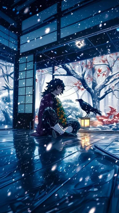 Ảnh Giyuu đứng dưới mưa thành phố, nền tối nhiều ánh đèn, cảm giác lạnh và cô độc