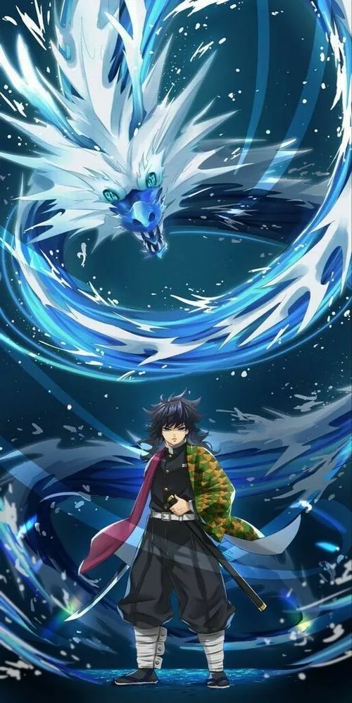 Khung hình Giyuu dưới rồng nước khổng lồ, bọt sóng văng mạnh, tư thế thủ chắc và gọn