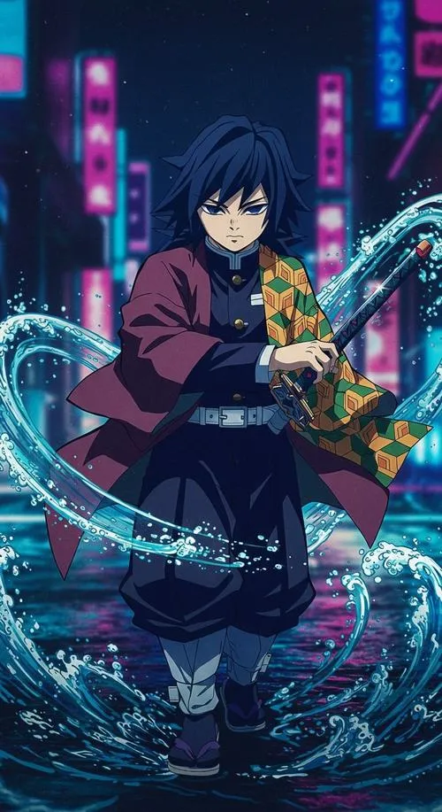 Bức ảnh Giyuu ngồi giữa phố đêm, ánh đèn xanh tím, gương mặt trầm, không nói vẫn áp lực