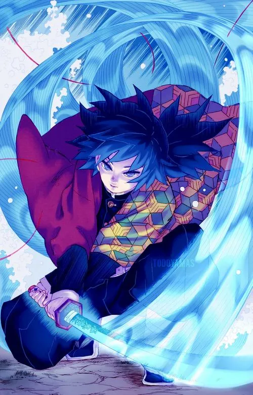 Tấm hình Giyuu cuộn trong vòng sóng xanh, nét vẽ mượt, gam lạnh phủ đều, nhìn rất sạch