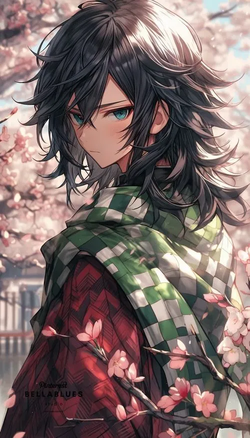 Ảnh Giyuu nền hồng khói, haori họa tiết rõ, ánh mắt lạnh, tổng thể mềm nhưng vẫn ngầu