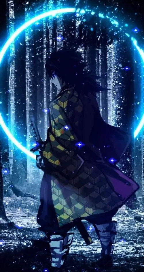 Hình Giyuu đứng trong khung sáng xanh, mưa rơi dày, bóng đổ sâu, không khí điện ảnh rõ