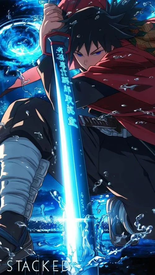 Bức ảnh Giyuu quay lưng, Nichirin sáng xanh, áo choàng đỏ bay nhẹ, dáng đứng lạnh và chắc