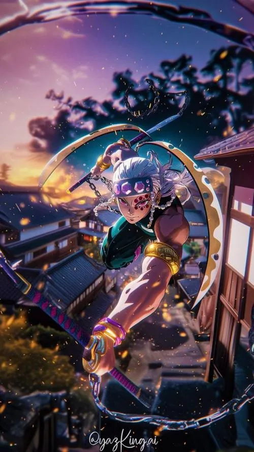 Hình Uzui Tengen trong vòng sáng như sân khấu, dây xích lấp ló, không khí rực rỡ mà gọn mắt.