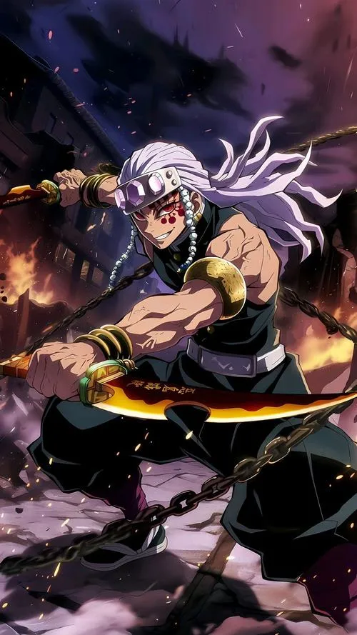 Ảnh Uzui Tengen ngồi thư thái nhưng vẫn căng lực, song đao đặt sẵn, vibe Sát Quỷ Đội rõ ràng.