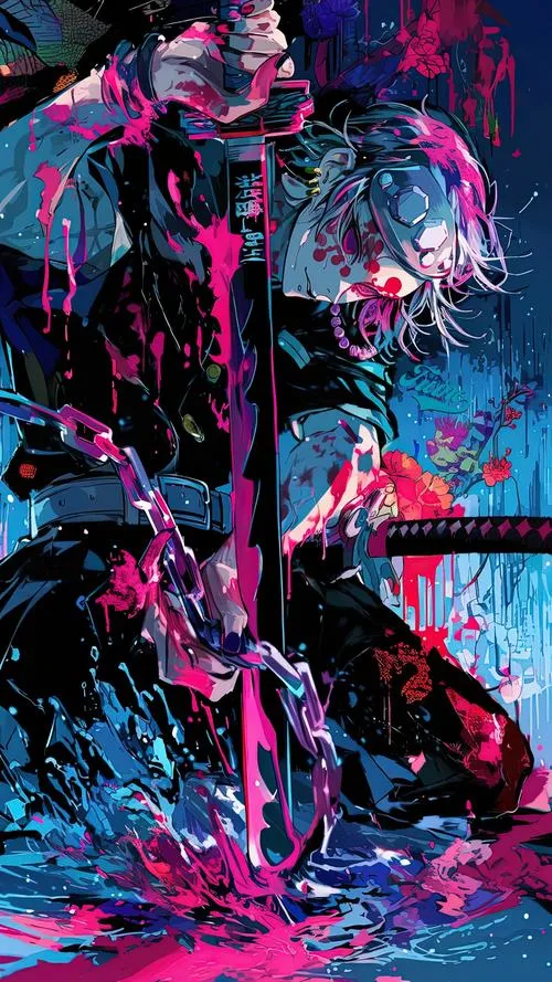 Hình Uzui Tengen trong sắc xanh hồng rực, hiệu ứng tốc độ dày, khí chất Âm Trụ áp đảo.