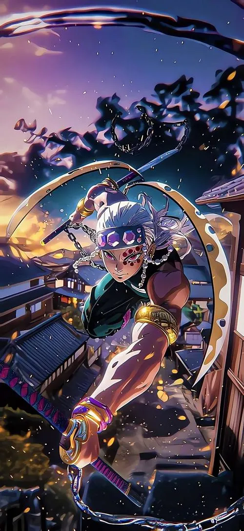 Ảnh Tengen đứng giữa phông nền đêm rừng, ánh sáng sân khấu ôm lấy băng đô đá quý.