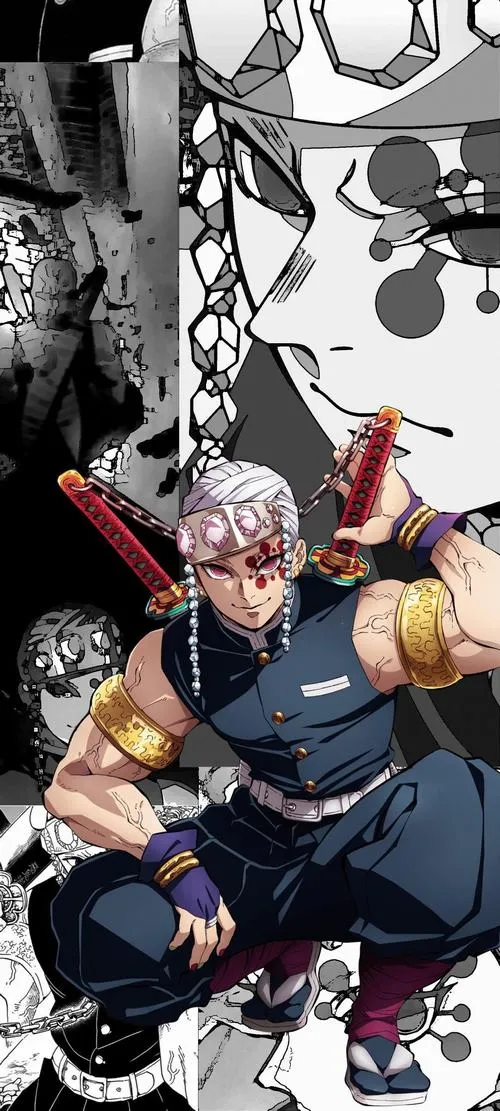 Tấm Uzui kiểu trắng đen, tư thế thấp sẵn sàng tung song đao Nichirin, nét mực mạnh.