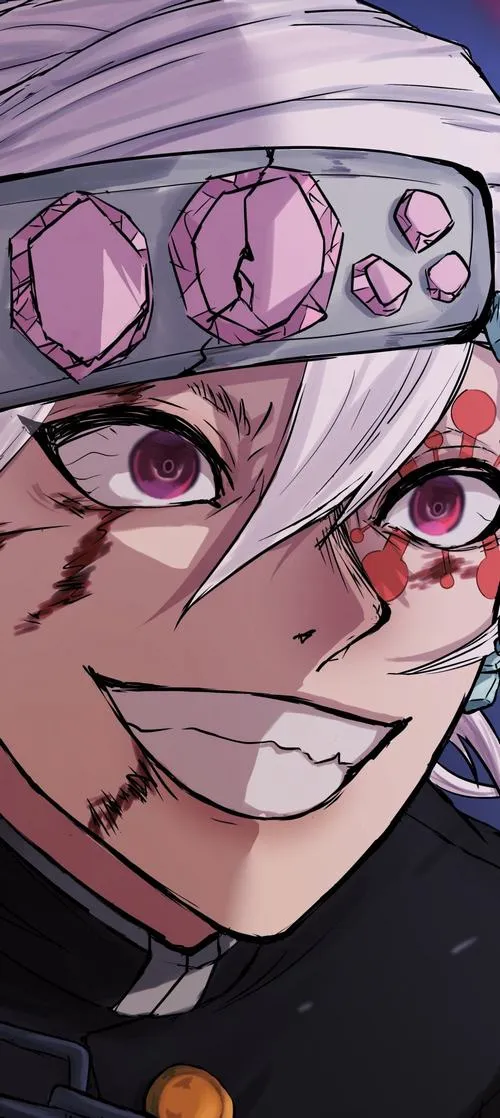 Tấm cận mắt Uzui Tengen, đá quý trên băng đô bắt sáng, biểu cảm vừa ngầu vừa tinh quái.