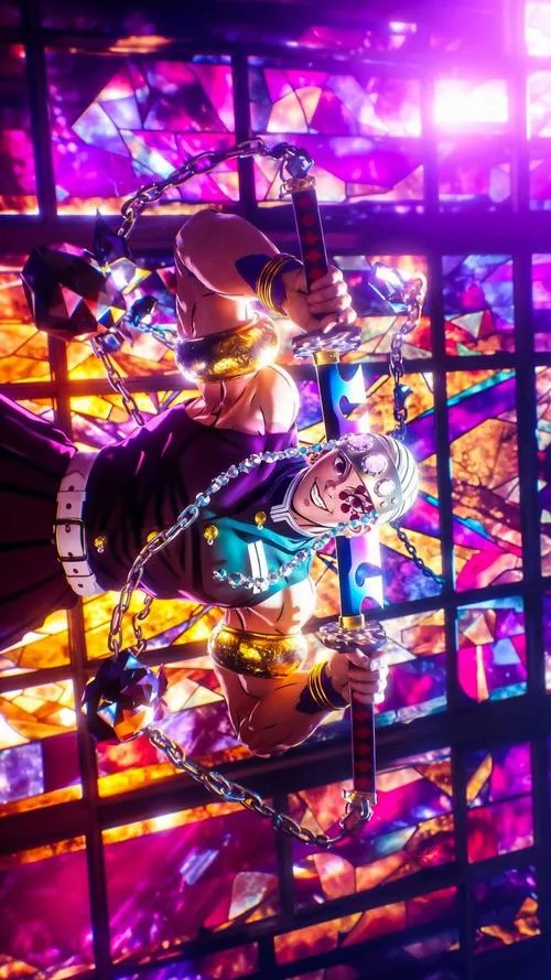 Bức Uzui trước nền kính màu rực rỡ, tương phản sáng tối rõ, vibe lễ hội bùng nổ.