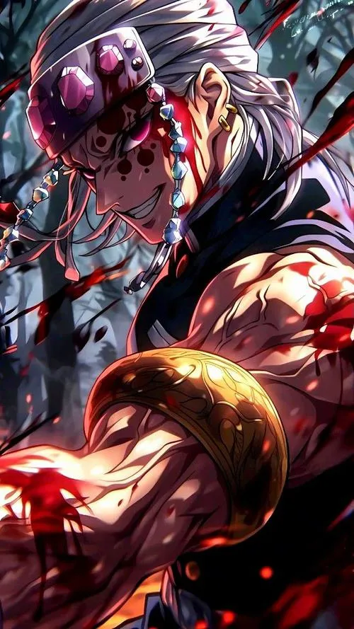 Ảnh cảnh chiến đấu tông đỏ đen, Uzui Tengen siết chặt vũ khí, năng lượng bốc lửa lan ra.