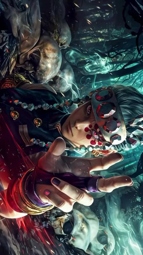 Tấm Uzui Tengen giữa nền xanh tối, dòng nước xoáy quanh người, bố cục hành động dồn lực.