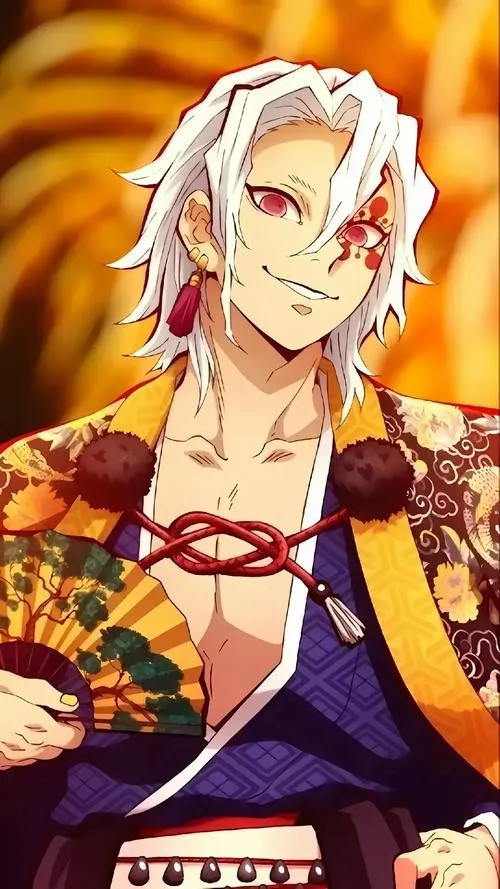 Bức cận mặt Uzui Tengen với dấu đỏ đặc trưng, băng đô đính đá nổi, nền xám mạnh tương phản.