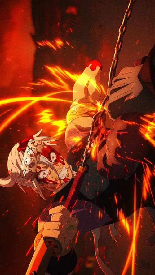 Hình Uzui Tengen giữa lửa cháy, đường kiếm rực cam đỏ, cảm giác trận chiến nóng và gấp.