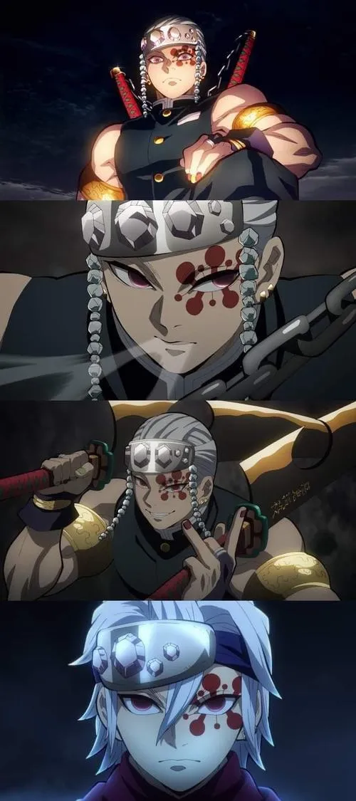 Ảnh ghép nhiều khung chiến đấu, Uzui Tengen nổi bật với song đao và dây xích, nhịp chuyển động dồn dập.