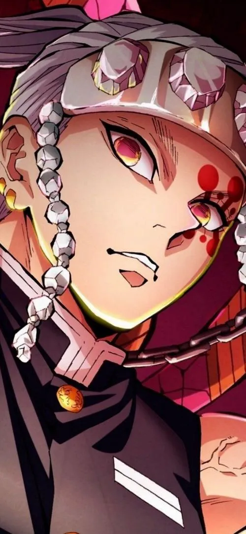 Tấm chân dung Uzui Tengen tông đỏ tím, ánh mắt căng, chi tiết quấn tay và trang sức lên rất đắt.