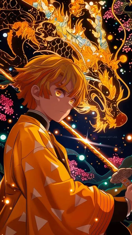 Hình nền Zenitsu nghiêng đầu trầm, sét lượn quanh tóc vàng, nền tối xanh sâu