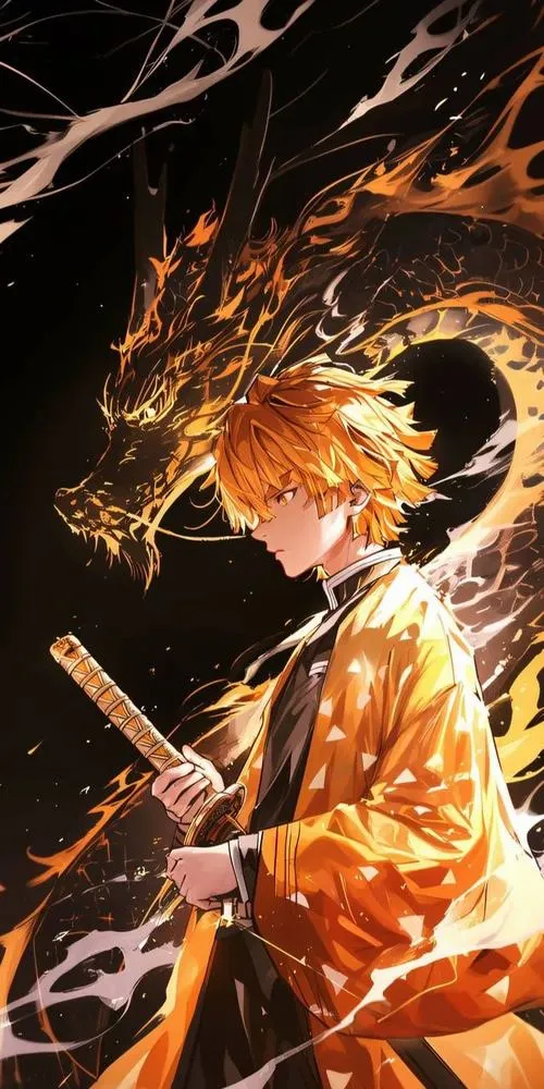 Ảnh Zenitsu đứng rút kiếm, tia sét trắng vàng xoắn mạnh, tạo điểm nhấn trung tâm