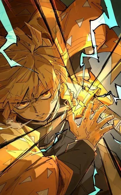 Lưu Zenitsu cận áo haori tam giác, tia điện sắc, hợp kiểu wallpaper đậm chất anime