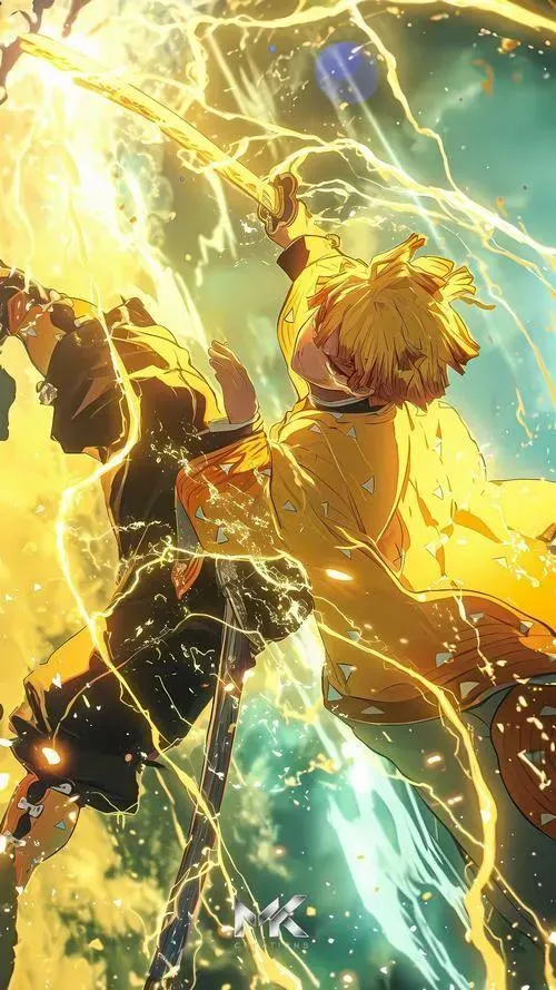 Chọn Zenitsu nhìn ngược sáng, sét vàng phủ kín, vibe bùng nổ đúng Lôi chiêu