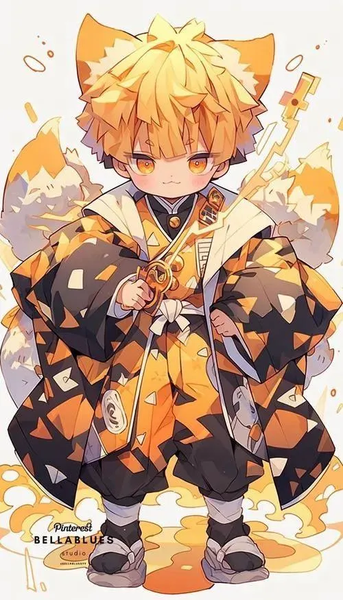 Set Zenitsu chibi ngồi xổm, áo vàng cam dễ thương, nền trắng sạch mắt cho điện thoại