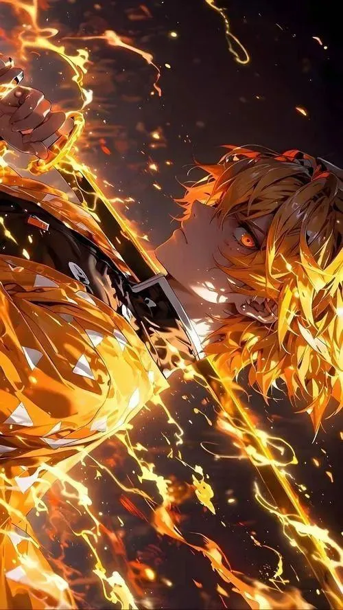 Gợi ý Zenitsu lao trong bão sét, nền cam đen tương phản, nhìn phát nhận ra ngay