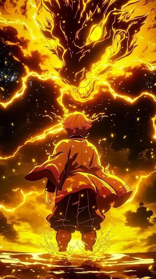 Xem Zenitsu phía sau trong biển sét vàng, bố cục dọc cao, hợp máy màn hình dài