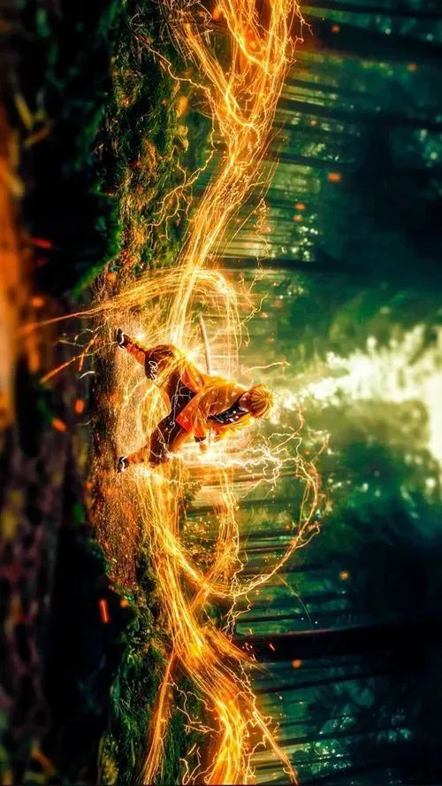 Hình nền vệt sét vàng xé nền xanh, tối giản mà dữ, gợi đúng năng lượng Zenitsu