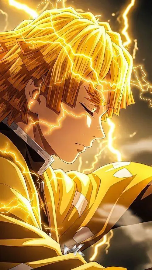 Tải Zenitsu nghiêng mặt trong ánh sét, tóc vàng phát sáng, vibe trầm mà ngầu