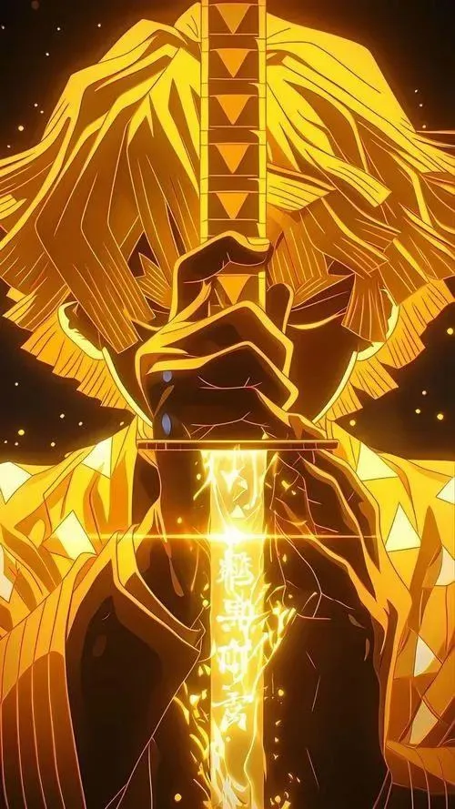 Lưu Zenitsu cầm kiếm trước ngực, ánh vàng đối xứng, hợp hình nền khóa cực nổi