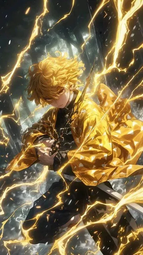 Zenitsu bứt tốc giữa nền xám đen, sét vàng vỡ tia, cảm giác gọn và mạnh