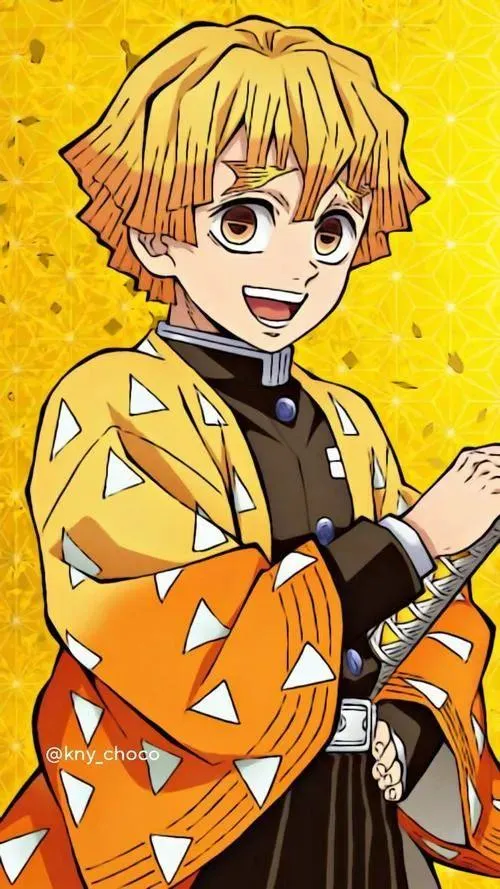 Set Zenitsu minh họa nét dày, nền vàng, nụ cười tươi, hợp giao diện sáng trẻ trung